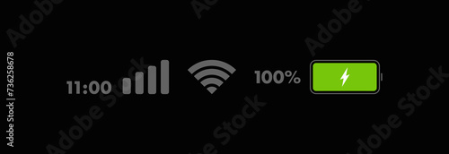 Phone life bar status. Mobile indicator of time, wifi signal, level of mobile communication and battery level of charge. Icons for UI, UX design. Vector illustration