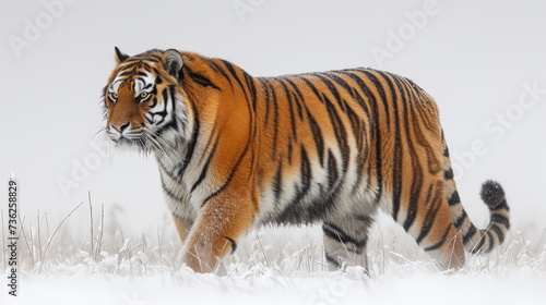 A majestic bengal tiger gracefully traverses through the snowy landscape  embodying the raw power and untamed beauty of this iconic terrestrial mammal