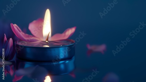 Burning blue candle flower on blue background