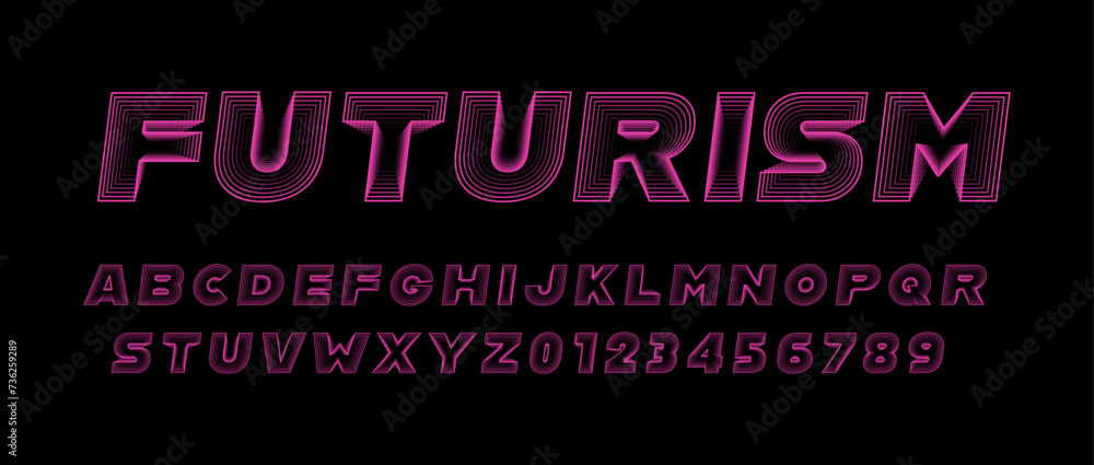 Futurism style geometric font with effect of blend lines. Contour abc alphabet for banner, poster, printing, typography, t shirt, book and card. Trendy vector illustration