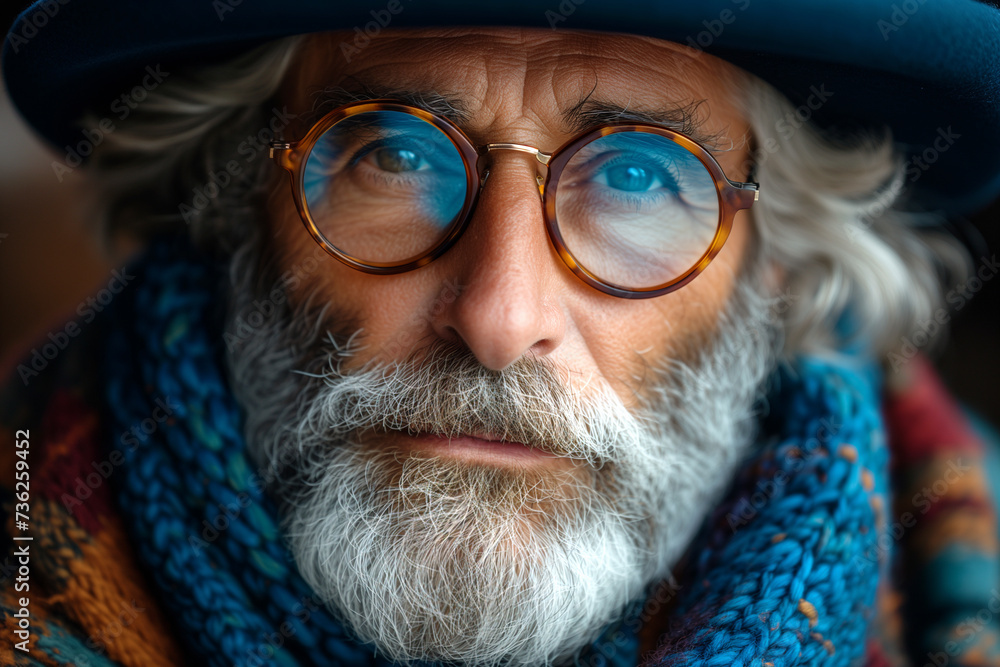Art photo portrait of handsome senior man with white beard wearing hat, knitted scarf and blue lens glasses.
