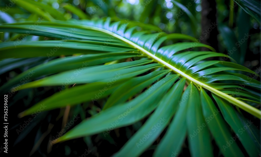 Close up of background green tropical palm leaves texture basking in soft sunlight, depicting a tranquil natural setting 