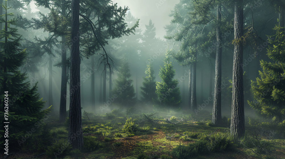 Misty morning in a pine forest.