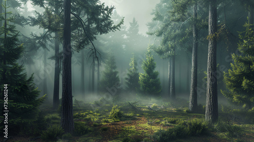 Misty morning in a pine forest. © Got Pink?