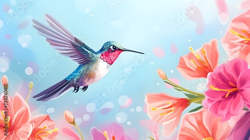 Flying hummingbird web banner. National Hummingbird Day. Flying hummingbird with flowers background. Small colorful bird in flight