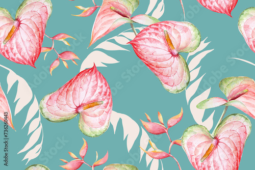 Seamless pattern of leaves,anthurium, tropical plant painted in watercolor.For fabric and wallpaper designs from the forest.Natural Vantage Pattern Background.