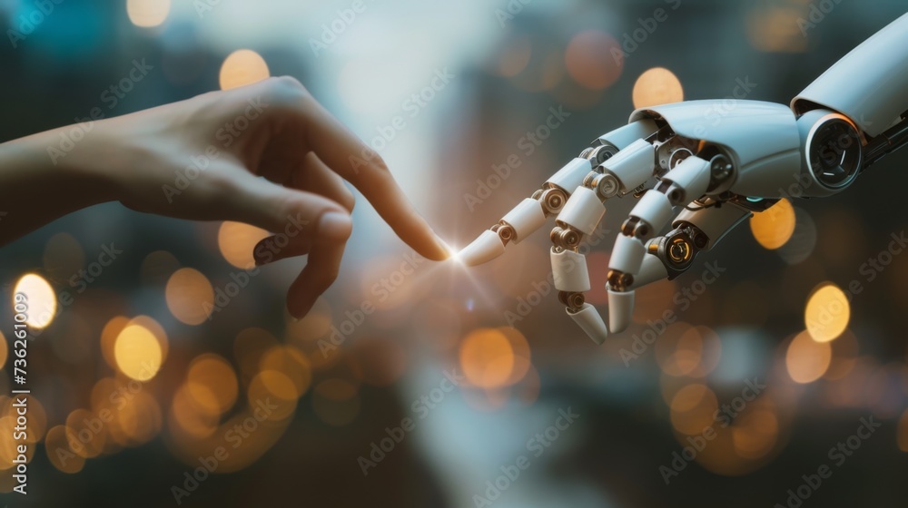 adam and god like finger touch of a robotic and a female hand, concept image for AI - obrazy, fototapety, plakaty 