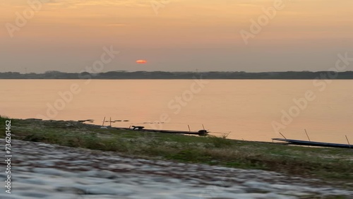 Sunset view of Mekong river in Nongkhai, the border between Thailand and Lao. photo
