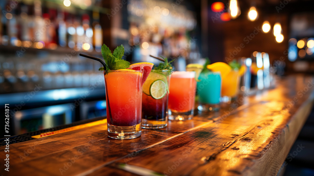 Group of summer cocktails on a wooden bar counter, assortment of colors and garnishes showcasing variety, festive lighting and decorations to create a party atmosphere