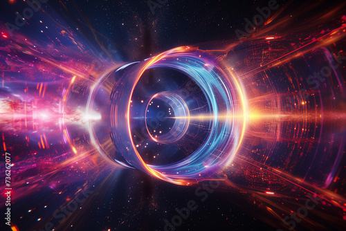 Wormhole connecting two different points in the universe, a bright tunnel of energy between two disparate cosmic landscapes, emphasizing the bridge-like nature of wormholes in theoretical physics photo