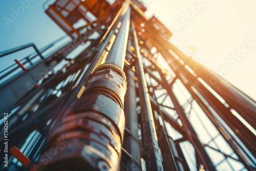 Close-up of the drill tower on a land-based drilling rig, focusing on the machinery and drill pipes, a clear blue sky photo