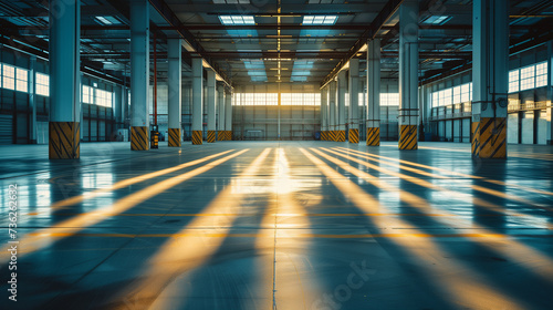 Empty warehouse at dusk  with the last rays of sun casting long shadows across the floor  conveying a sense of closure and the end of a working day
