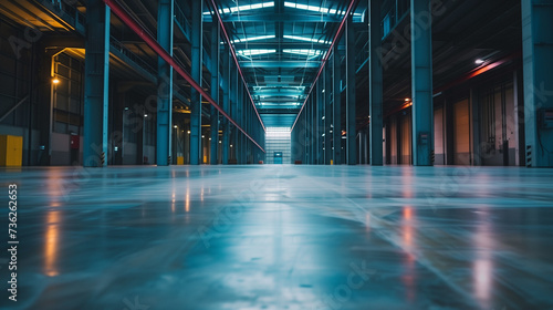 Long, empty corridors of a warehouse with concrete floors and metal beams, ambient lighting creating a moody and spacious industrial atmosphere