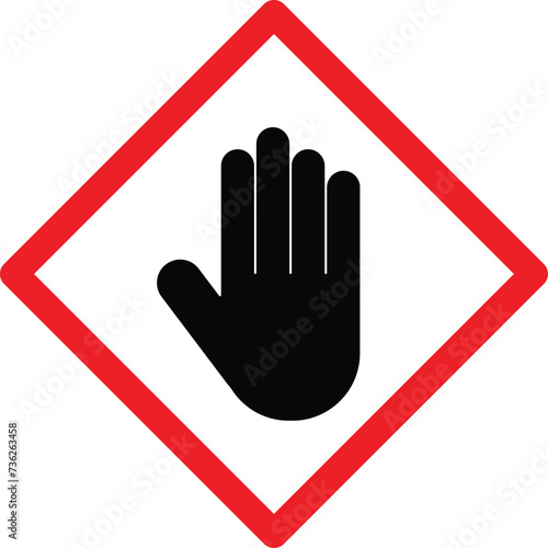 Red caution stop icon with hand . Red stop hand diamond-shaped sign . Vector illustration
