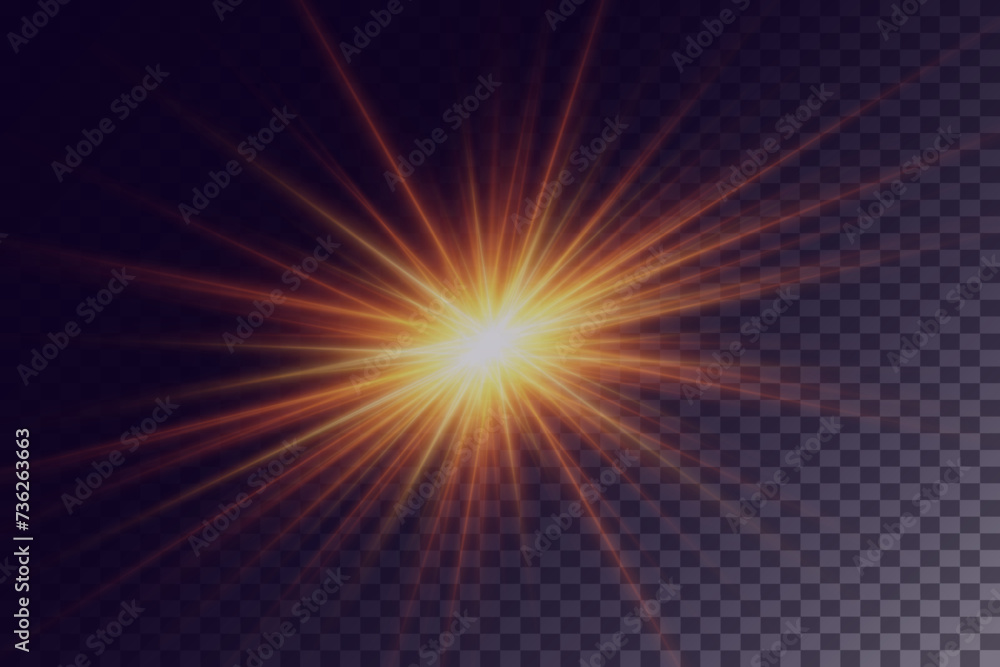 Bright light effect. Flash of a star and flare, explosion, sparkle, sunlight. Magic light rays.
