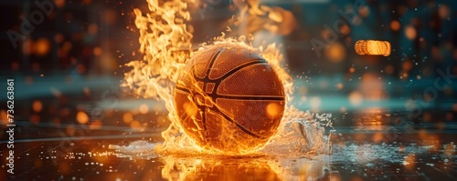 Fiery basketball soars towards hoop leaving blazing trail in its wake. Concept Fiery Basketball, Blazing Trail, Soaring Towards Hoop, Sports Photography photo