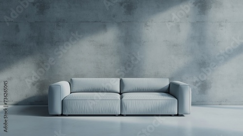 A big modern gray and minimalist couch stands in front of a concrete wall in the middle of an empty room.