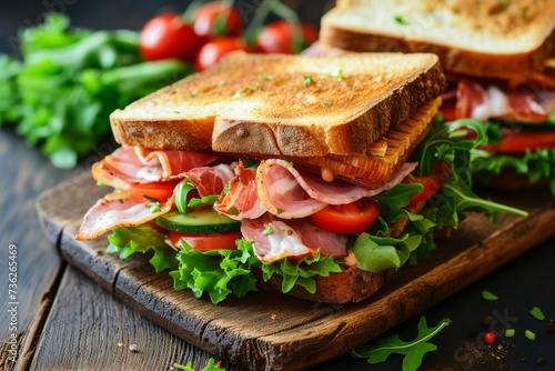 A rustic wooden cutting board displays two club sandwiches filled with bacon salami prosciutto and fresh veggies