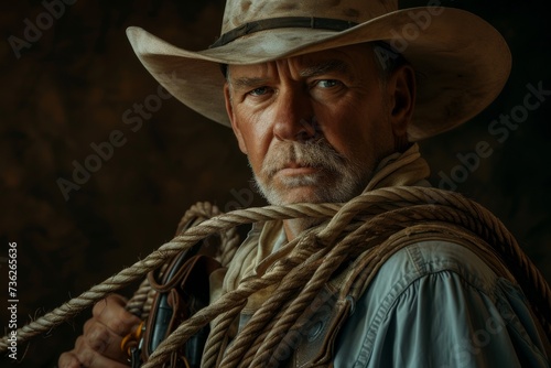 A solemn cowboy with a rope over his shoulder
