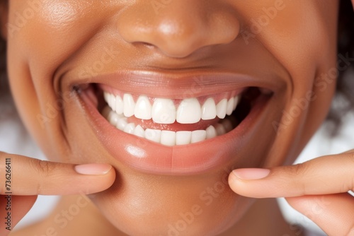 A closeup shows a beautiful African woman using her fingers to frame her perfect white teeth