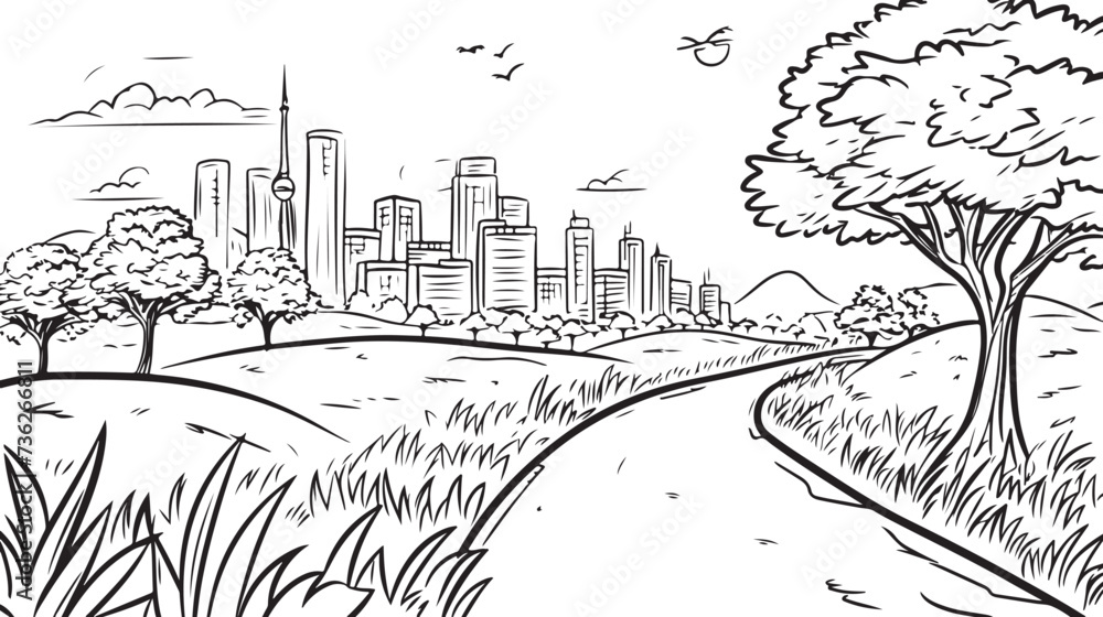Cute kids coloring page. Landscape with sun, clouds, mountains, field, trees, bushes and flowers. Vector hand-drawn illustration in doodle style. Cartoon coloring book for children