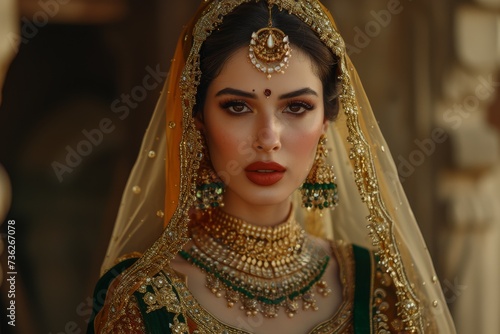 A beautiful young woman modeling an ornate traditional Indian Pakistani bridal ensemble with elaborate accessories and cosmetics