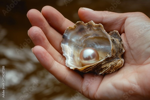 A cultured pearl from an oyster shell in hand in Mooney Mooney Australia photo