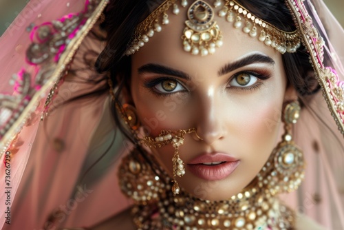 Beautiful Asian Indian bride in traditional costume adorned with jewelry