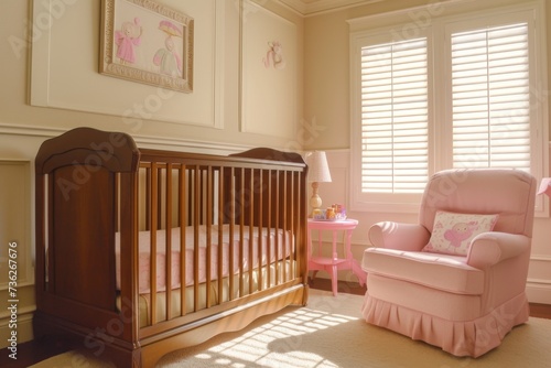Baby room with wooden crib pink chair carpet and wall frame