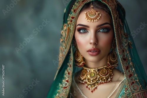 Beautiful female model in traditional Asian bridal costume with heavy jewellery and makeup