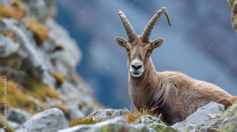Male ibex resting on the top of mount in Alps