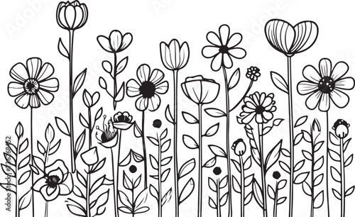 Group of Wildflowers, herbs, flowers, plants and butterflies flyng around. Outline Style Full Vector illustration