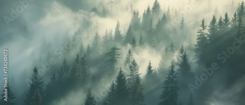 Misty landscape with fir forest in vintage retro style © Artem