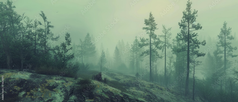 Misty landscape with fir forest in vintage retro style - obrazy, fototapety, plakaty 