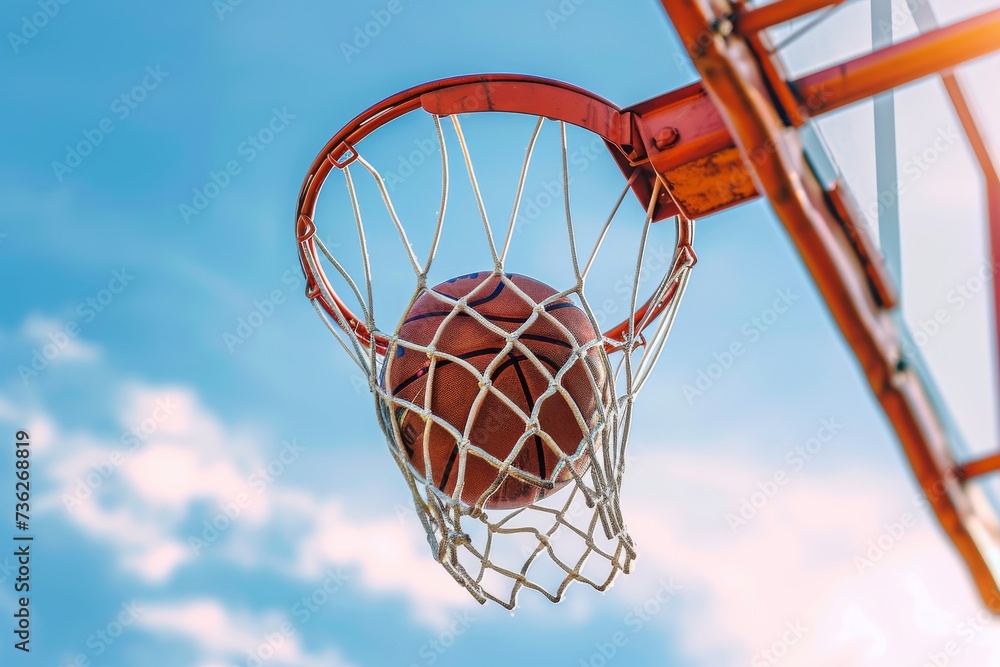 Basketball scoring on a blue sky Victory success hitting the target
