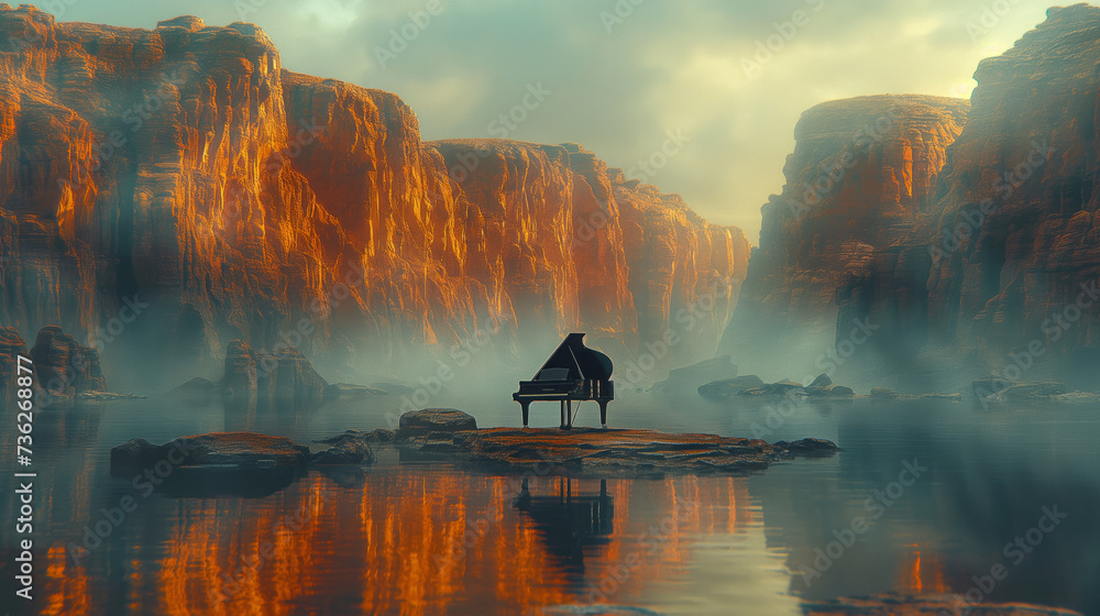 man standing on side of canyon, piano on other side across from man, he cant get to the piano, minimalism, cinematic  - obrazy, fototapety, plakaty 