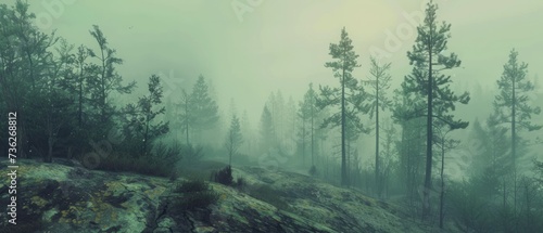 Misty landscape with fir forest in vintage retro style #736268812