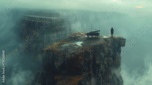 man standing on side of canyon, piano on other side across from man, he cant get to the piano, minimalism, cinematic 