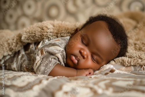 African American infant peacefully asleep on the bed