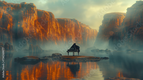 man standing on side of canyon, piano on other side across from man, he cant get to the piano, minimalism, cinematic  photo