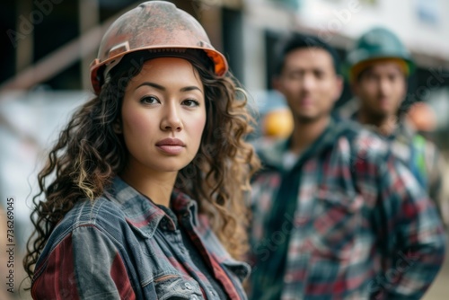Attractive female construction worker on a building site with colleagues