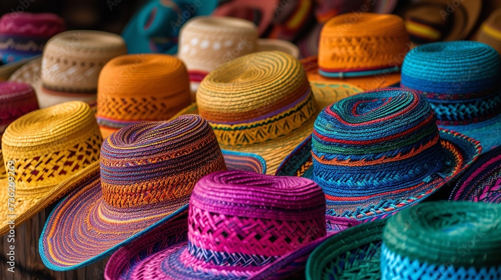 Lots of colorful straw Mexican hat in a surface a beautiful vibrant backdrop, Generative AI.