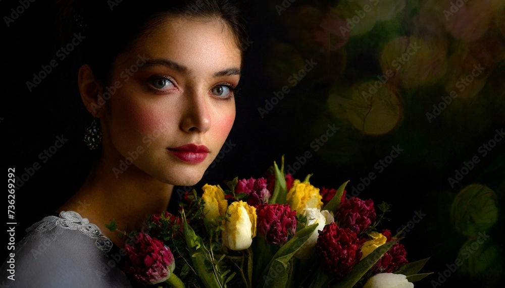 Portret kobiety z tulipanami na ciemnym tle - obrazy, fototapety, plakaty 