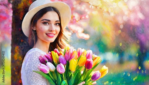 Portret młodej kobiety z bukietem tulipanów. W tle kwitnące drzewo. Dzień kobiet, wiosenne tło photo