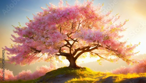 Krajobraz z kwitnącym na różowo drzewem wiśni © Monika