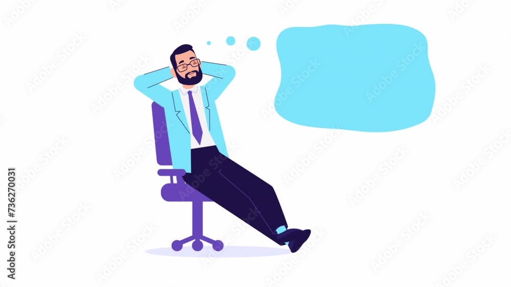 Businessman thinking animation. Man leans back on his seat and relaxes. Speech bubble above his head with copy space for text. think, analyse, dreaming. animated template video. Modern cartoon style Businessman thinking animation. Man leans back on his seat and relaxes. Speech bubble above his head with copy space for text. think, analyse, dreaming. animated template video. Modern cartoon style