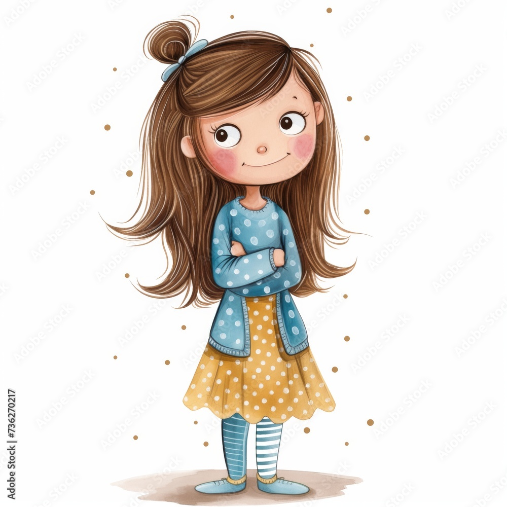 A little, sweet girl in a blue blouse and a yellow skirt, cartoon style. A little, sweet girl in a blue blouse and a yellow skirt, cartoon style.