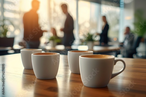 A Serene Morning Business Professionals Engage in a Warm Conversation Behind a Table Adorned with Freshly Brewed Coffee Cups  Illuminated by the Gentle Embrace of Natural Light