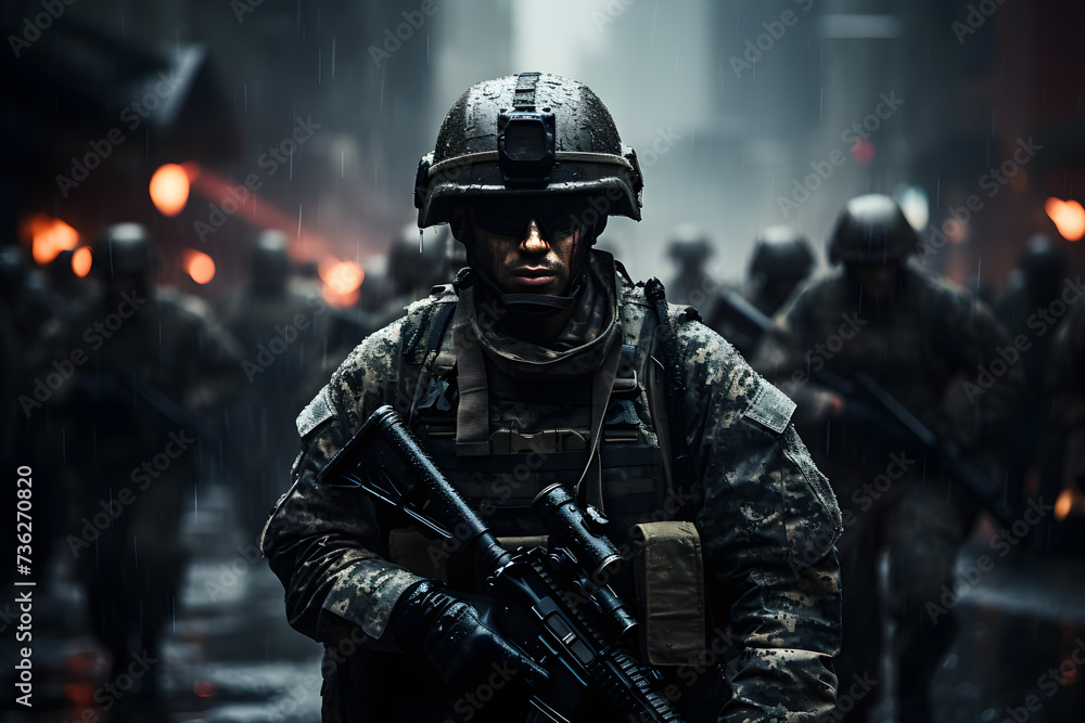 Armed soldiers entering war affected conquered city Armed soldiers entering war affected conquered city