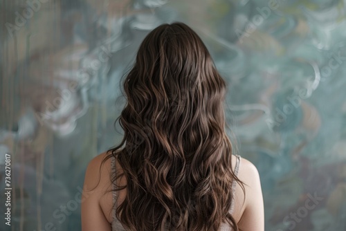 Beautiful young brunette woman with long wavy hair viewed from behind